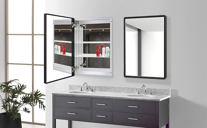 Aluminum Bathroom Medicine Cabinet with Farmhouse Black Framed 16x26 Inches Recess or Surface Mount Mirror Cabinet for Bathroom Toilet Kitchen