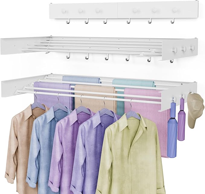 Drying Rack Clothing,Clothes Drying Rack Wall Mounted,Laundry Drying Rack Wall Mount,Foldable,Collapsible,60 lb Capacity 5 Aluminium Poles with 12 Hooks,Space Saving Clothes Drying Rack,White 40"