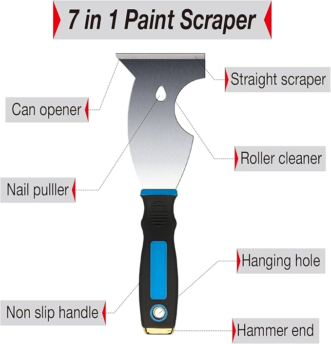 3 Inch Stainless Steel Paint Scraper Tool - Multi-Purpose Putty Knife with Non-Slip Rubber Grip for Drywall Repair, Wallpaper Removal & Paint Application