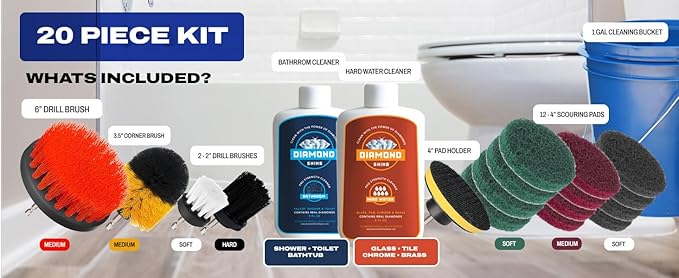 Complete Hard Water Stain Drill Cleaning Kit – 20 Piece Diamond Shine Set with Drill Brushes, Bucket & lid, Scouring Pads & Cleaner for Tile, Bathroom, Hard Water, Shower Glass & Chrome
