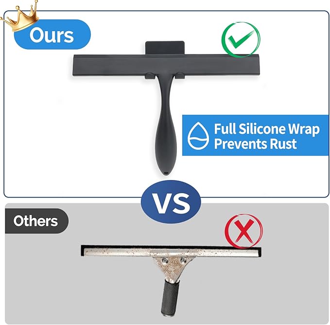 FY&XZH Never Rust Silicone Shower Squeegee for Glass Doors with Hook, Bathroom Cleaner Tool, Household Window and Mirror Squeegee, Ergonomic Thick Handle Squeegee for Shower Glass, 11-Inch (Black)