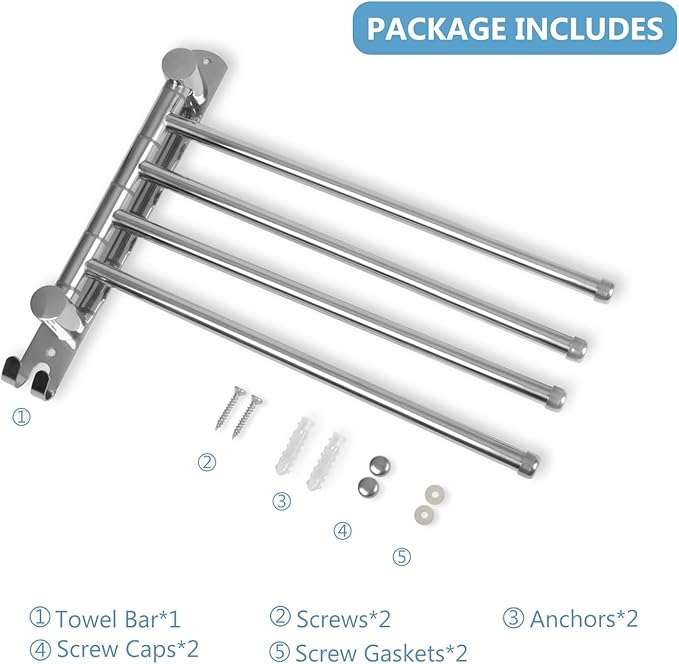 Bathroom Towel Rack JSVER Swivel 4 Arms Extended Towel Holder, SUS304 Stainless Steel Space Saving Towel Rack, Towel Racks for Bathroom, Kitchen