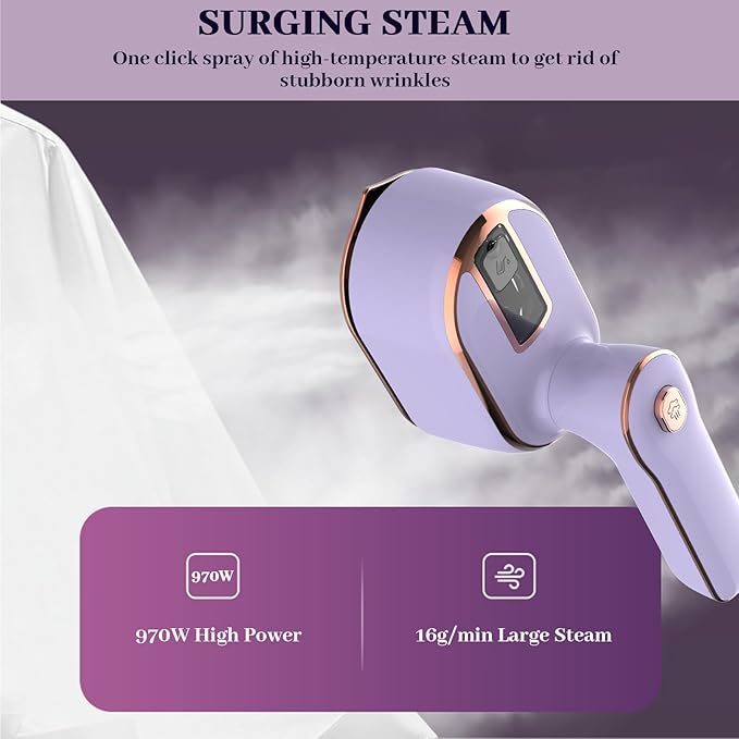 Portable Steam Iron，970W Dry Wet Dual Ironing Steam Hanging Ironing Machine，20S Rapid Preheating Large Water Tank Iron with Ergonomic Handle, Suitable for Home, Travel, Dormitory & Office (Purple)
