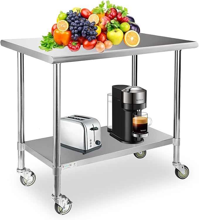 STABLEINK Stainless Steel Table with Caster Wheels 24 x 36 Inches, NSF Commercial Prep & Work Table with Adjustable Undershelf and Table Foot, for Commercial Kitchen, Restaurant, Hotel and Garage