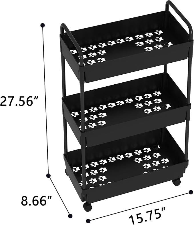 3-Tier Storage Cart，Shelf Organizer Mobile Shelving ，Utility Rolling Cart，Multifunction Movable Storage Organizer with Lockable Wheels,Black