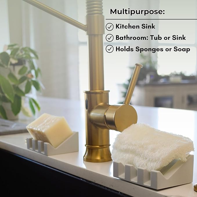 Silicone Soap Dish – 2 Pack, Waterfall Drainer Soap Holder for Bathroom, Suction Cups for Non-Slip Saver for Bar Soap, Sponge Holder & Sink Organizer, Extend Life, Durable & Easy to Clean (Gray)