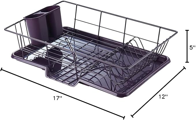 Space-Saving 3-Piece Dish Drainer Rack Set: Efficient Kitchen Organizer for Quick Drying and Storage - Includes Cutlery Holder and Drainboard - Maximize Countertop Space, Eggplant Purple