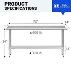 Hally Stainless Steel Table for Prep & Work 14 x 72 Inches, NSF Commercial Heavy Duty Table with Undershelf and Backsplash for Restaurant, Home and Hotel