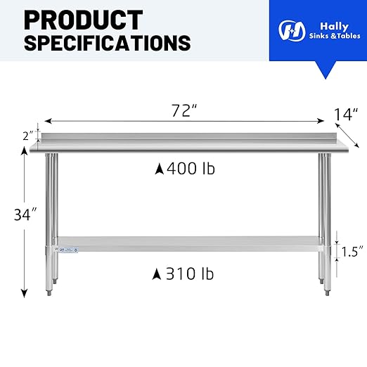 Hally Stainless Steel Table for Prep & Work 14 x 72 Inches, NSF Commercial Heavy Duty Table with Undershelf and Backsplash for Restaurant, Home and Hotel