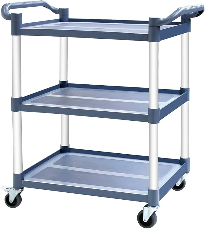 3-Tier Utility Cart With Wheels, Heavy Duty Rolling Restaurant Cart 420lbs, Plastic Bus Cart With Lockable Wheels and Rubber Hammer for Warehouse/Office/Kitchen, Grey