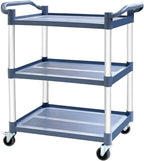 3-Tier Utility Cart With Wheels, Heavy Duty Rolling Restaurant Cart 420lbs, Plastic Bus Cart With Lockable Wheels and Rubber Hammer for Warehouse/Office/Kitchen, Grey