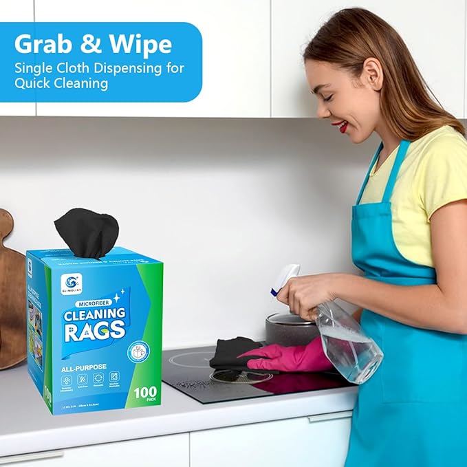 GLIMGLINT Microfiber Cleaning Cloth, 100 Pack Shop Towels, Lint-Free, Ultra Absorbent Reusable or Disposable Microfiber Cloths for Kitchen, Car, Cleaning Rags, 11" x 9", Black