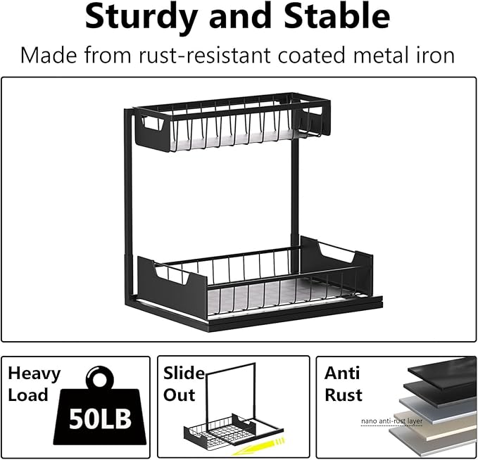 Under Kitchen Sink Organizers and Storage Pull Out 2 Tier Metal Bathroom Cabinet Organizer (Black, 1 Pack)