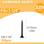 KURUI #6 * 1-1/4in Drywall Screws, Dry Wall Screws for Drywall Wood, 220Pcs Coarse Thread Sheetrock Screws - Black Bugle-Head Phillips Self Tapping Wood Screws