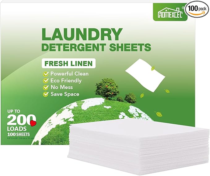 HOMEXCEL Laundry Detergent Sheets Fresh Scent Eco-Friendly, (200 Loads) 100 Washer Sheets, Plastic-Free, Liquid Less Clear Strips for Travel, Home Clothes Washing