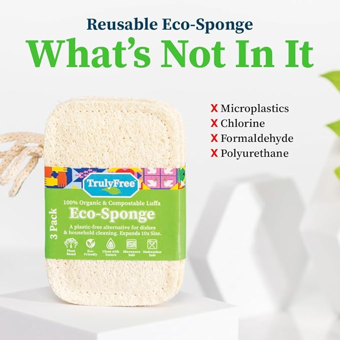 Natural Cleaning Sponges, 100% Organic Luffa Dish Scrubber, Plant-Based Compostable Kitchen Dishwasher Sponge, Cleans Sink, Grout & Tile, Non Scratch Scouring Pad - 4.4 x 2.8 in, Pack of 3