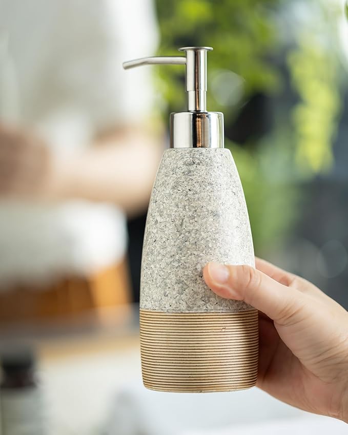 Ceramic Soap Dispenser with 2 Pumps, 12 oz Refillable Liquid Hand Soap Dispenser for Shampoo, Bathroom & Kitchen, Includes Silicone Funnel, Plastic and Stainless Steel Pump, Granite Grey