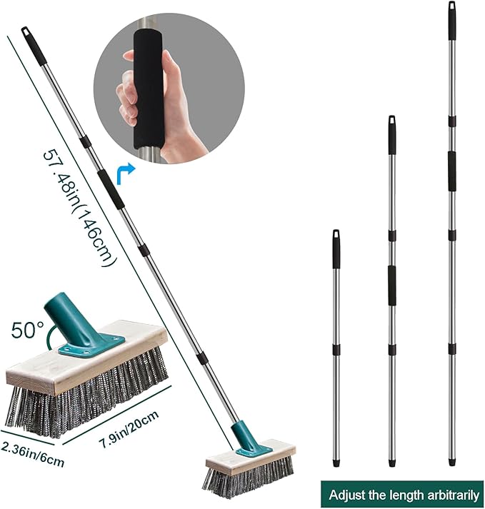 Push Broom Brush Stainless Steel Wire Scrub Brush with Long Handle for Moss, Tough Stains on Deck, Grout, Garage, Patio