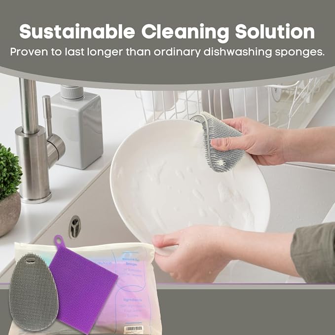 Silicone Dish Sponge Dish Scrubber (Oval and Square) - Dual-Sided, Food Grade Silicone Sponges for Dishes and Housecleaning 2-Pack