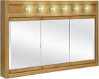 Design House Richland Medicine Cabinet with 6 Lights, Fully Assembled, Wall Mounted, 3 Mirrored Doors, Wood Frame, Oak Finish, 48 in x 5 in x 30 in, 530626-NOK
