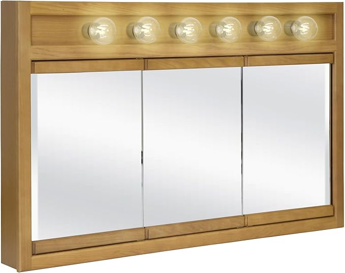 Design House Richland Medicine Cabinet with 6 Lights, Fully Assembled, Wall Mounted, 3 Mirrored Doors, Wood Frame, Oak Finish, 48 in x 5 in x 30 in, 530626-NOK