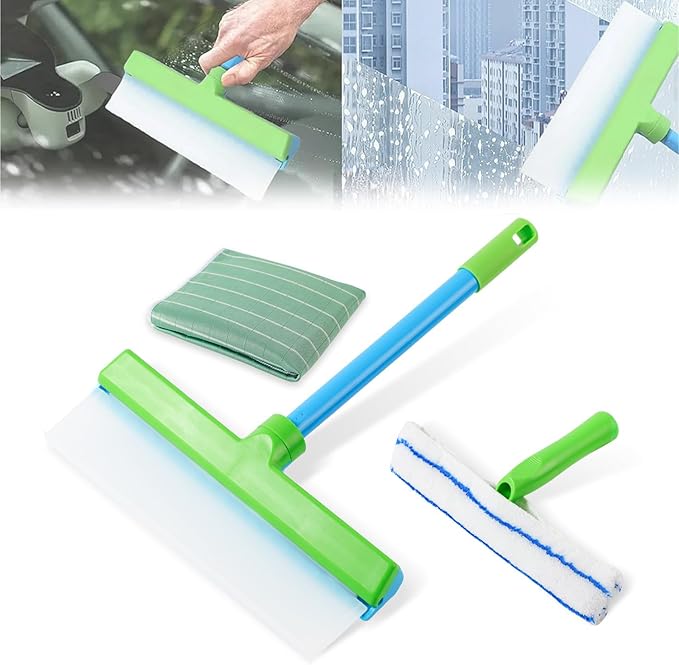 Aquablade Window Cleaning Kit, Aquablade Window Squeegee, Recyclable Silicone Window Squeegee Kit, 3 in 1 Glass Cleaning Tool with Rotatable Rubber Microfiber Scrubber (1 Set)