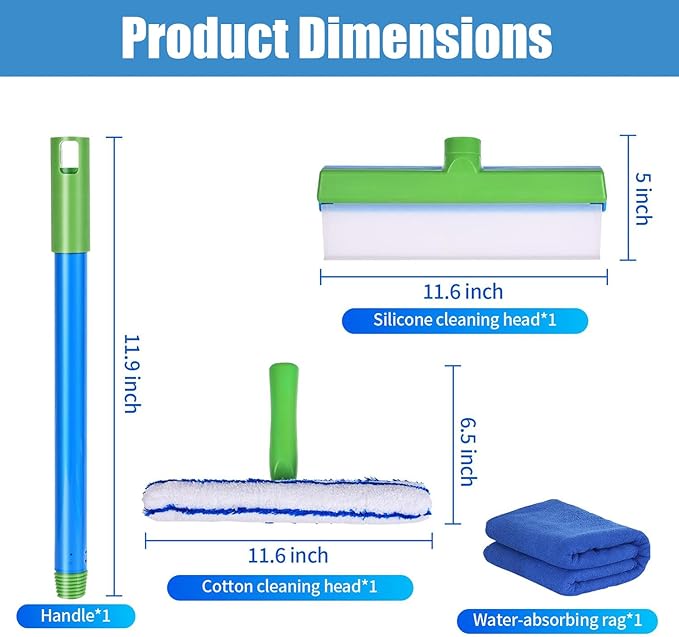 Recyclable Silicone Window Squeegee Kit, Aqua Blade Window Squeegee Kit, 3 in 1 Glass Glass Cleaning Set with Silicone Squeegee & Microfiber Scrubber for Shower, Mirror, Door & Car Cleaning (Blue)