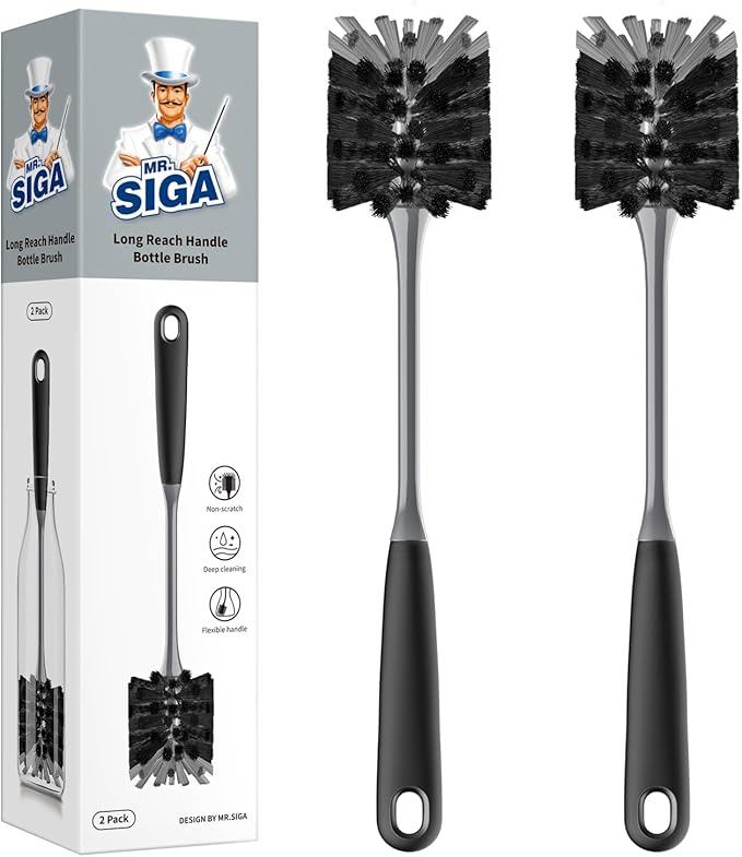 MR.SIGA Long Handle Bottle Brush, Flexible Scrub Brush for Water Bottles, Glasswares, Mugs, Black, 2 Pack