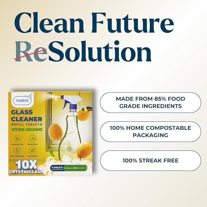 Glass Cleaner Refill Tablets | Plant-Based Streak-Free Window & Mirror Cleaner | Non-Toxic & Eco-Friendly Cleaning Solution | Plastic-Free Packaging | Citrus Cologne - Pack of 32