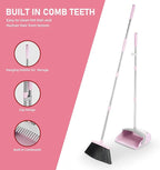 Broom and Dustpan Set, 54” Long Adjustable Handle Broom with Dustpan Combo Set Heavy Duty with Dust Pan Teeth to Clean Hair for Home Lobby Office (Medium Pink)
