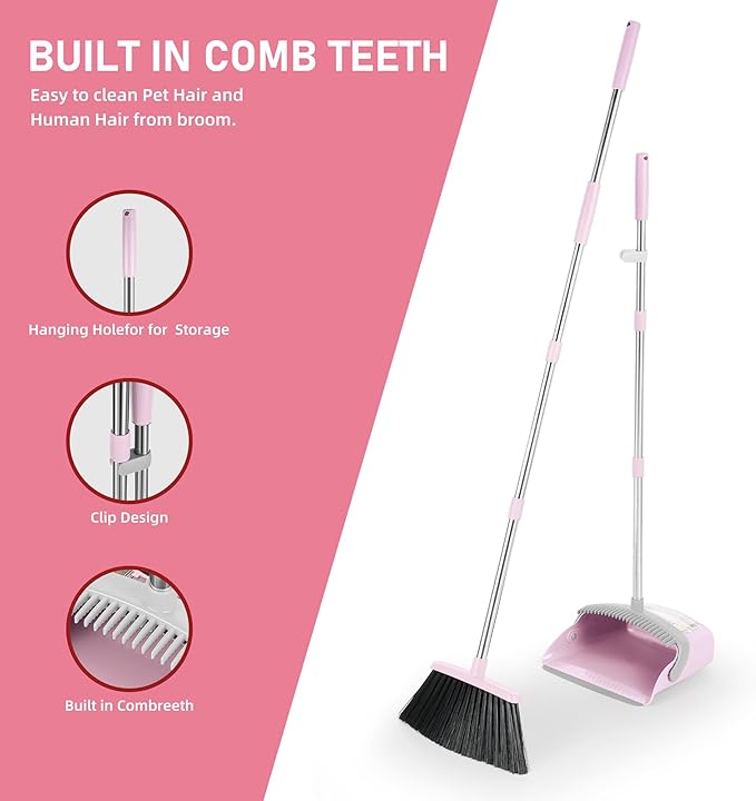 Broom and Dustpan Set, 54” Long Adjustable Handle Broom with Dustpan Combo Set Heavy Duty with Dust Pan Teeth to Clean Hair for Home Lobby Office (Medium Pink)