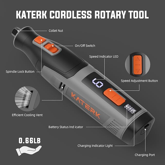 Katerk Cordless Rotary Tool, 4000mAh Battery, 6-Speed, 28000RPM, Rotary Tool Kit with 70 Accessories Light duty Engraving Pen for Sanding, Polishing, Drilling, Etching, Grinding, Wood Carving