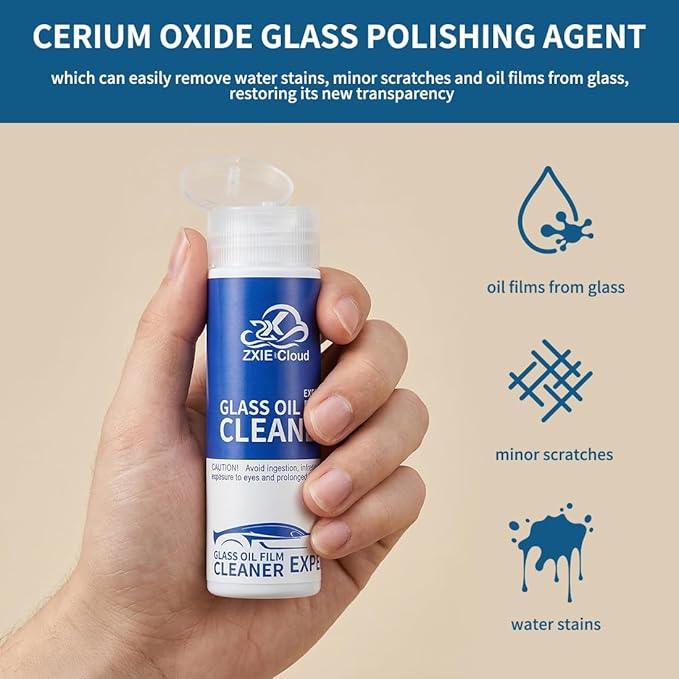 Glass Polish kit,1.69 Fl Oz cerium oxide glass polish compound with polishing brush,glass scratch remove,Oil Film Cleaner,Glass Cleaner, Removes Stains and Water Spots, for Cars Glass and Mirror