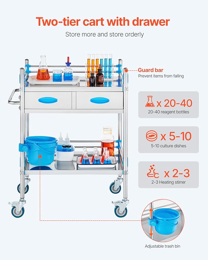 VEVOR Stainless Steel Utility Cart, 2 Layers with Two Lockable Wheels, Ideal for Laboratory, Hospital, Dental Use