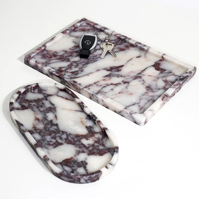Real Luxurious Natural Marble Vanity Tray Genuine Marble Storage Tray for Home Decor Stone Tray for Bathroom/Kitchen/Vanity/Dresser Non-Resin/Non-Ceramic/Viola Oval Set