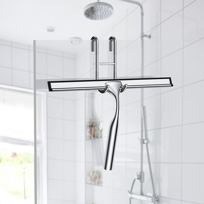 Shower Squeegee for Glass Door 12-Inch Stainless Steel Bathroom Squeegee Window Wiper, Includes Shower Door Hook, Adhesive Hook, and Spare Silicone Blade for Window Mirror Car All-Purpose Squeegee