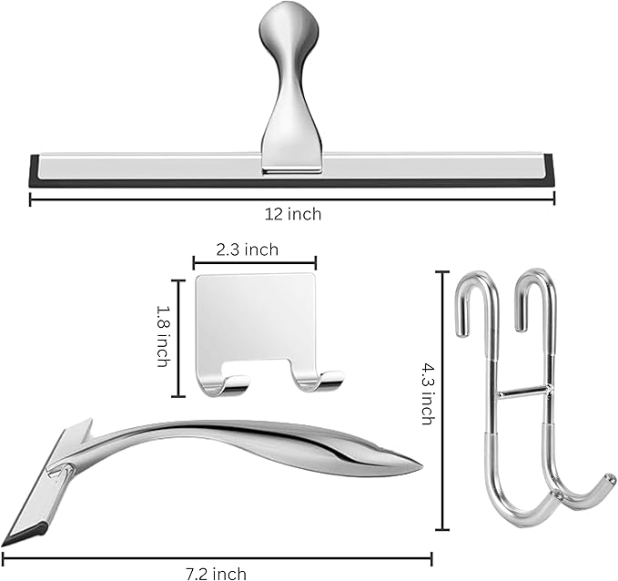 12'' Light Weight Stainless Steel Shower Squeegee for Glass Doors with 4 Pieces Set (1 Window Squeegee, 1 Door Hook and 2 Adhesive Hooks) Perfect Cleaning Tool for Car, Window, Bathroom Mirror