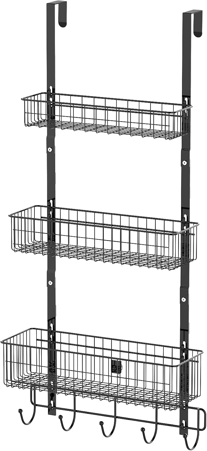 CADUKE Black Over The Door Organizer Over The Door Hooks with Basket Storage Door Towel Racks for Bathroom Door Storage Rack with 5 Hooks 3-Tier Door Hanger Basket for Kitchen