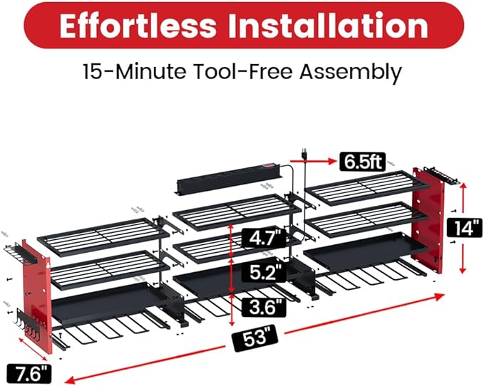 4 Layers Power Tool Organizer Wall Mount with Power Strip, Heavy Duty Metal Tool Shelf, 400lbs Capacity for Cordless Drills, Batteries & Garage Storage (12 Slots with 8 Outlets Power Strip)