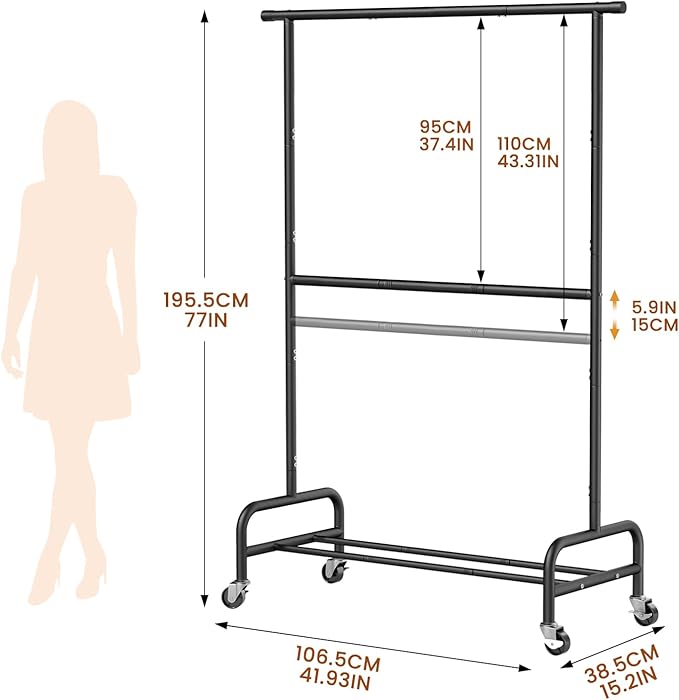 Abiglifty 2 Tier Clothes Rcks for Hanging Clothes, Heavy-Duty Clothing Rack with Wheels,150LBS Capacity, 42" W X15 D X 77" H Garment Rack with Bottom Shelf, for Bedroom, Living Room, Black
