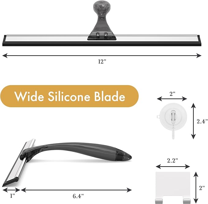 AmazerBath Shower Squeegee for Glass Doors, All-Purpose Squeegee with Suction Hook & Adhesive Hook, Squeegee for Shower Glass, Windows, Mirrors, Tiles and Car Windows - 12 Inches, Clear Black
