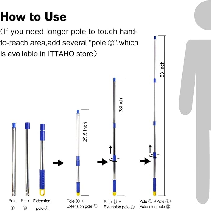 ITTAHO 53" Window Squeegee Cleaner, 2 in 1 Window Cleaning Tool Kit, Shower Squeegee with Extension Pole for Shower Glass, Indoor/Outdoor High Window Cleaning-Two Pads