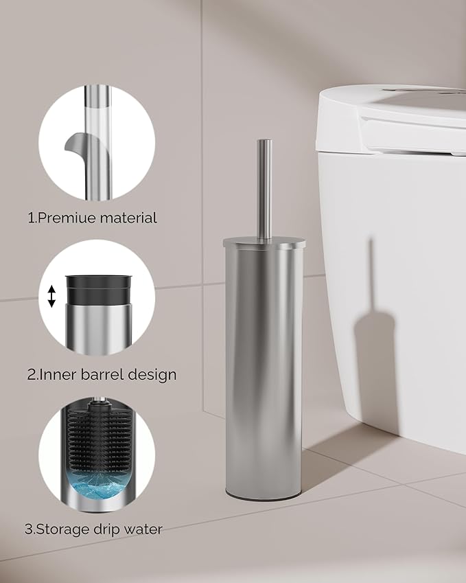 Toilet Brush and Holder Set, 2 Pack Stainless Steel Toilet Bowl Brush with Lid, Rust Proof Toilet Cleaner Brush with Caddy, Durable Bristles, Splash Proof, Ideal for Bathroom (Brushed Nickel)