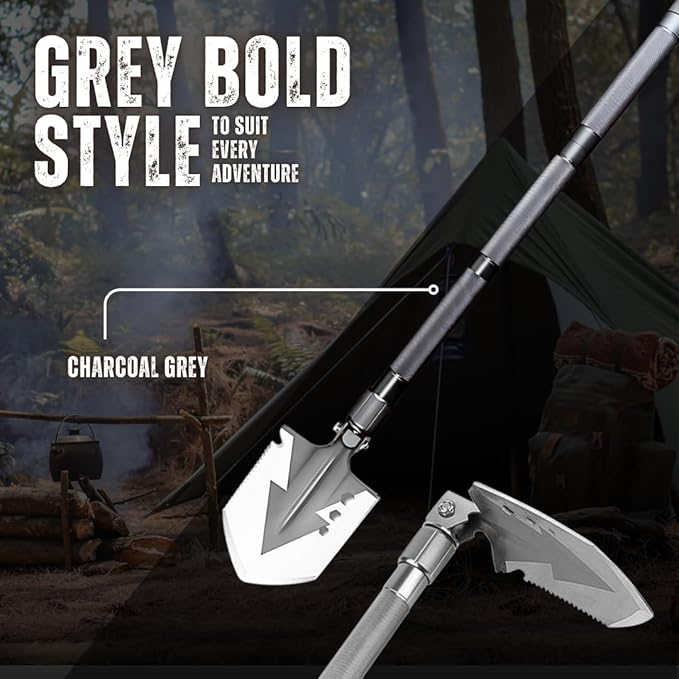 Shovel 13 in 1 Multi-Tool with a Wire Cutter, Wood Cut, Wood Saw, Screwdriver, Fire Starter, and Other Great Features (Charcoal Grey)