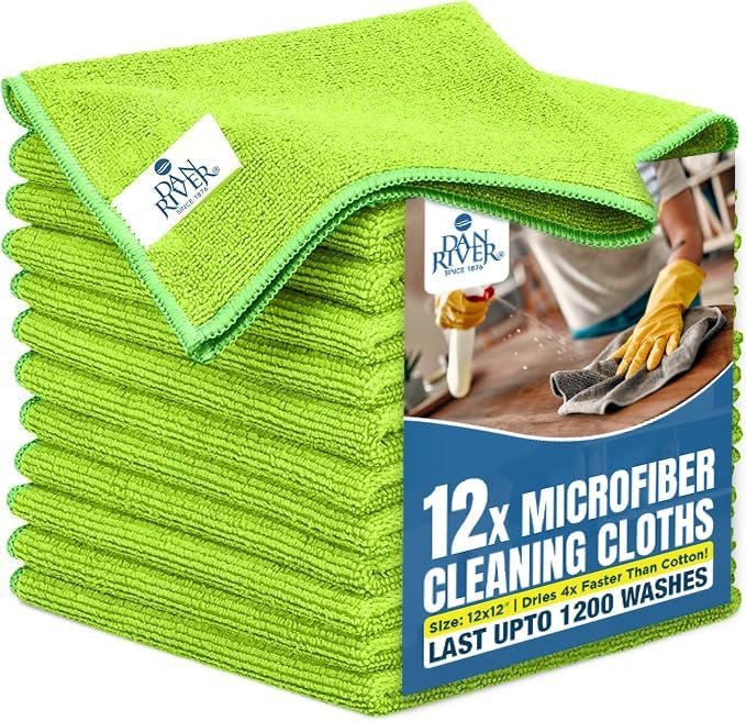 DAN RIVER 12-Pack Green Microfiber Towels – Ultra Absorbent, Lint-Free & Streak-Free Terry Cloth Rags for Home, Car & Kitchen - Must-Have Cleaning Essentials - 12" x 12"