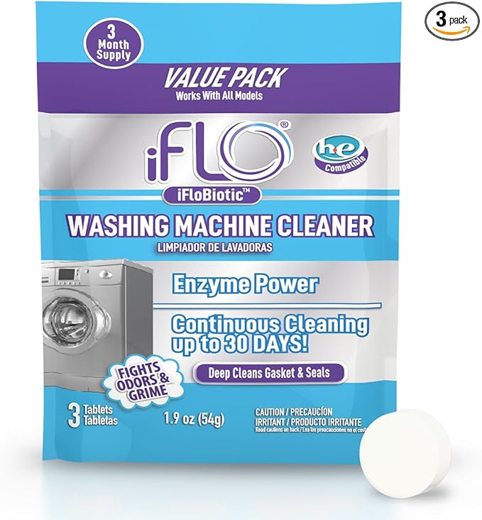 iFLO Washing Machine Cleaner Tablets – Powerful Washer Machine Cleaning and Deodorizer Tablets for Front Load, Top Load, and High-Efficiency Washer Cleaner, 3 Pack