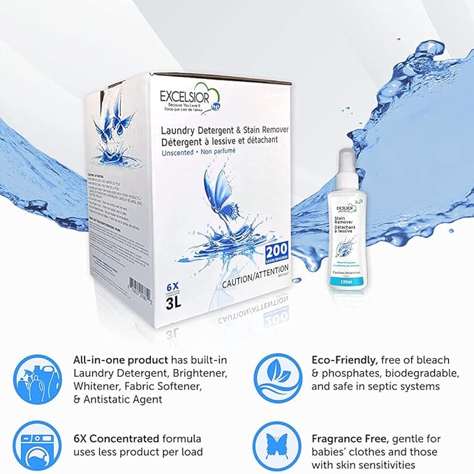 Excelsior - Laundry Detergent with Eco Bottle- Concentrated Liquid - Unscented - Eco-Friendly - Biodegradable, Solvent, and Phosphate Free - for Standard and High-Efficiency Washers - 3 Liter