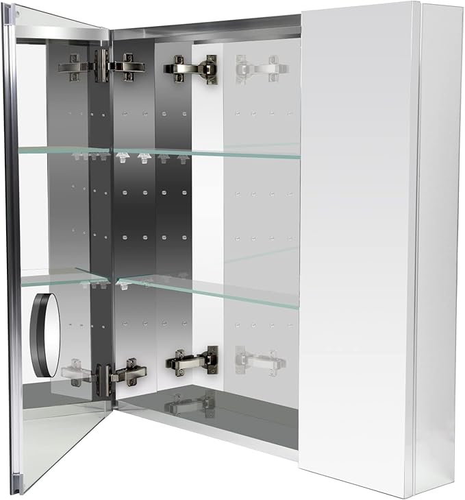 Sunrosa Aluminum Bathroom Medicine Cabinet with Mirror Door, 30"×27.5" Bathroom Mirror Cabinet,Wall-mountable and Recessed-in Mirror Cabinet, 2 Door Medicine Cabinet Organizer with Mirror