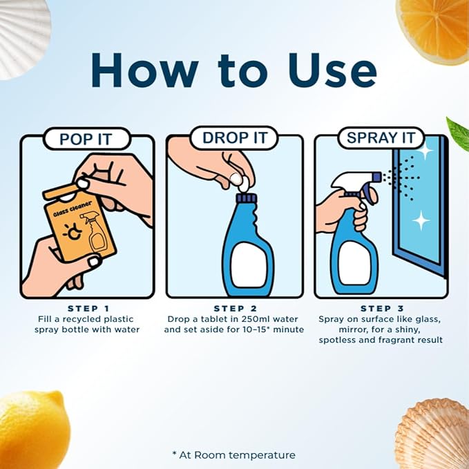 Glass Cleaner Refill Tablets | Plant-Based Streak-Free Window & Mirror Cleaner | Non-Toxic & Eco-Friendly Cleaning Solution | Plastic-Free Packaging | Citrus Cologne - Pack of 32