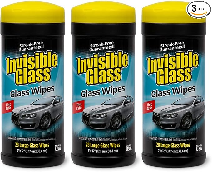 Invisible Glass 90166-3PK Large Glass Cleaning Wipes for Streak-Free Windows, Mirrors, and Glass, Lint-Free, Ammonia-Free, Tint-Safe, for Home and Auto, Canister, 28 Wipes, Pack of 3